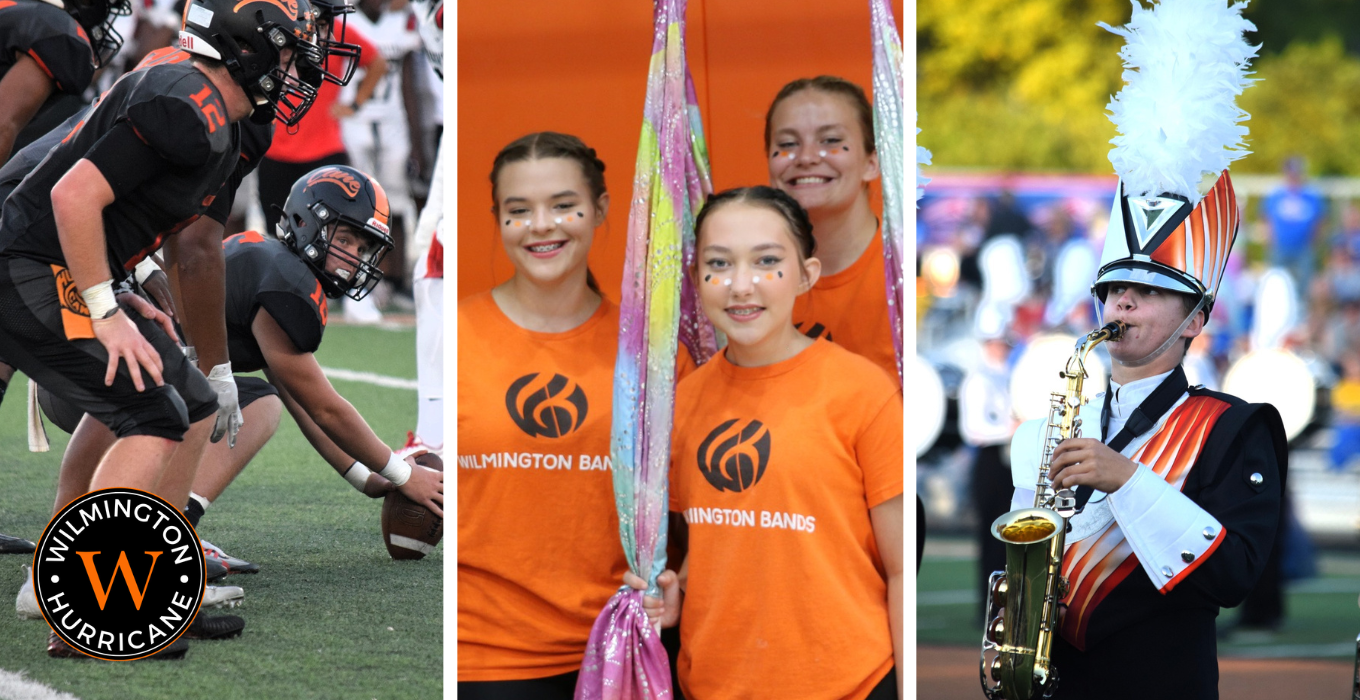 photo collage football players, color guard, and band members